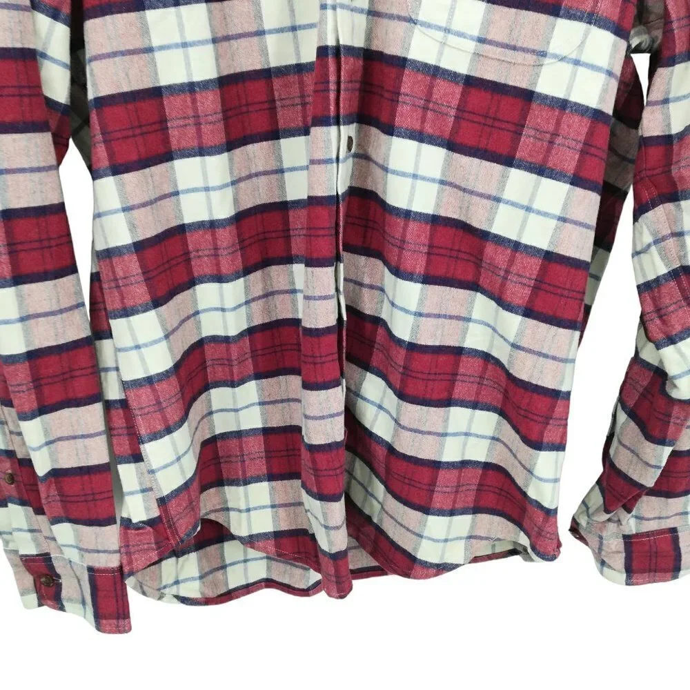 J Crew Flannel Plaid Chamois Elbow Patch Button Up Shirt Size L Red Blue Preppy